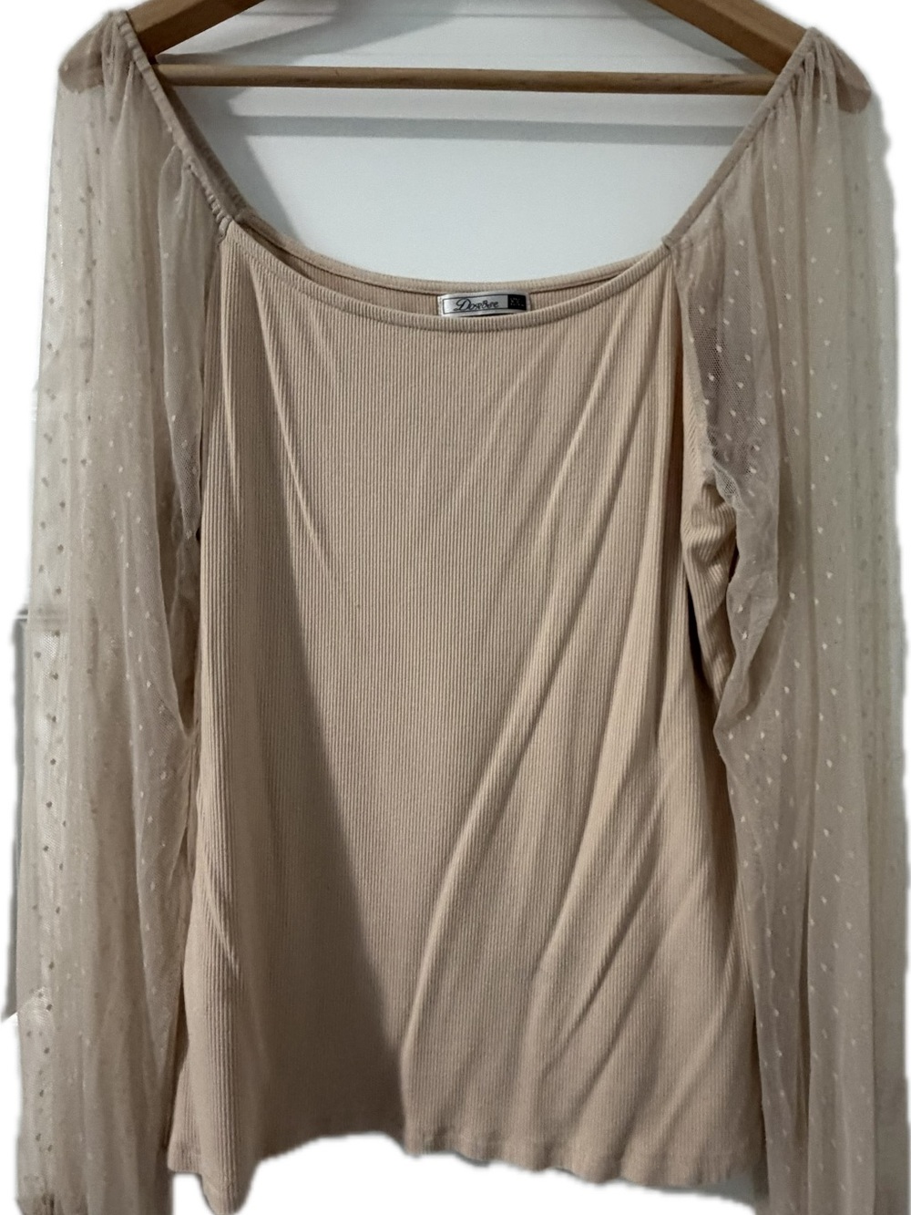 Dot Mesh Sleeve Off-Shoulder Tunic in Beige